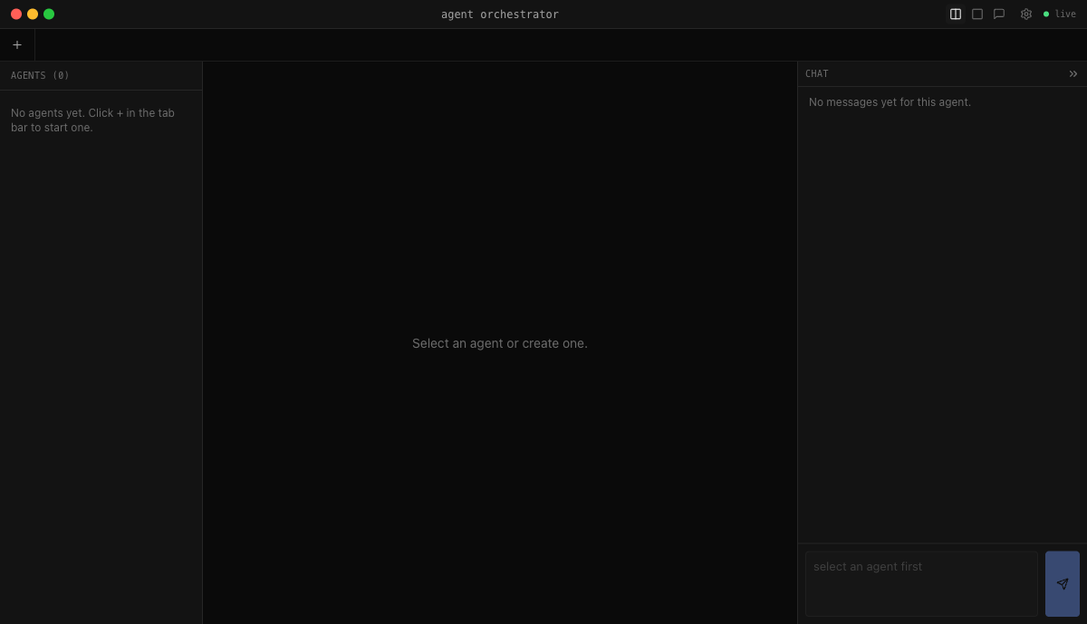 The Nyx dashboard, showing the mac-window chrome, an agents sidebar, an empty preview pane, and a chat panel
